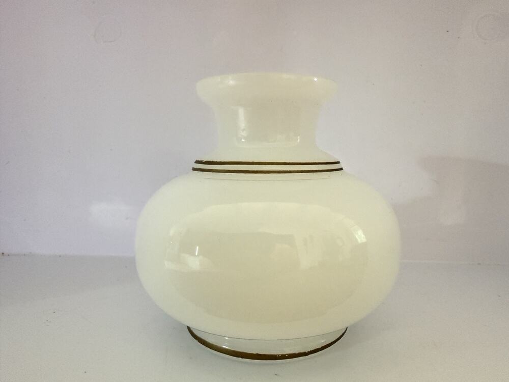Vintage Opaline Milk Glass Jar Bud Vase Gold Trim 5x4” Mid Century Modern